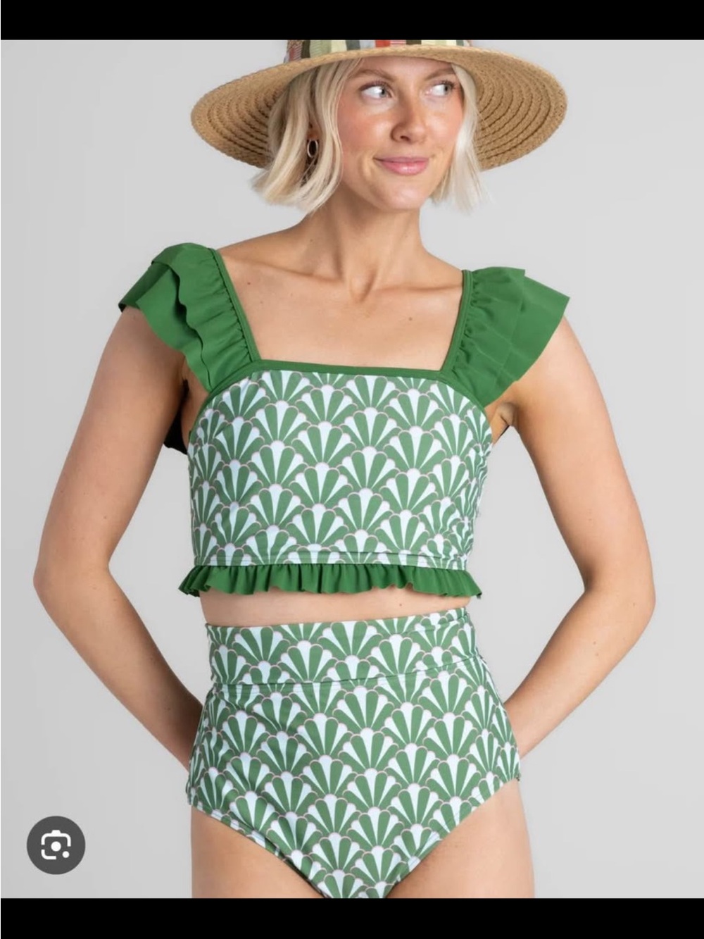 DownEast Green White Patterned Ruffle Bikini Top & High Waist Bottoms NEW